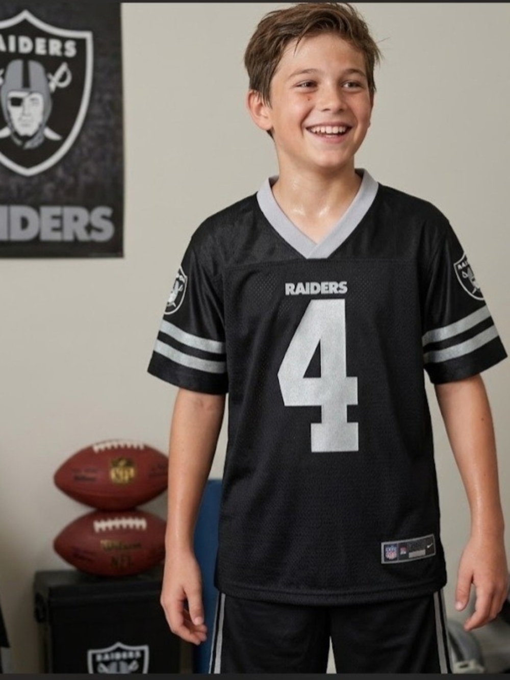 NFL, Riders by Lee Kids' Black Football Jersey with Silver Number 4